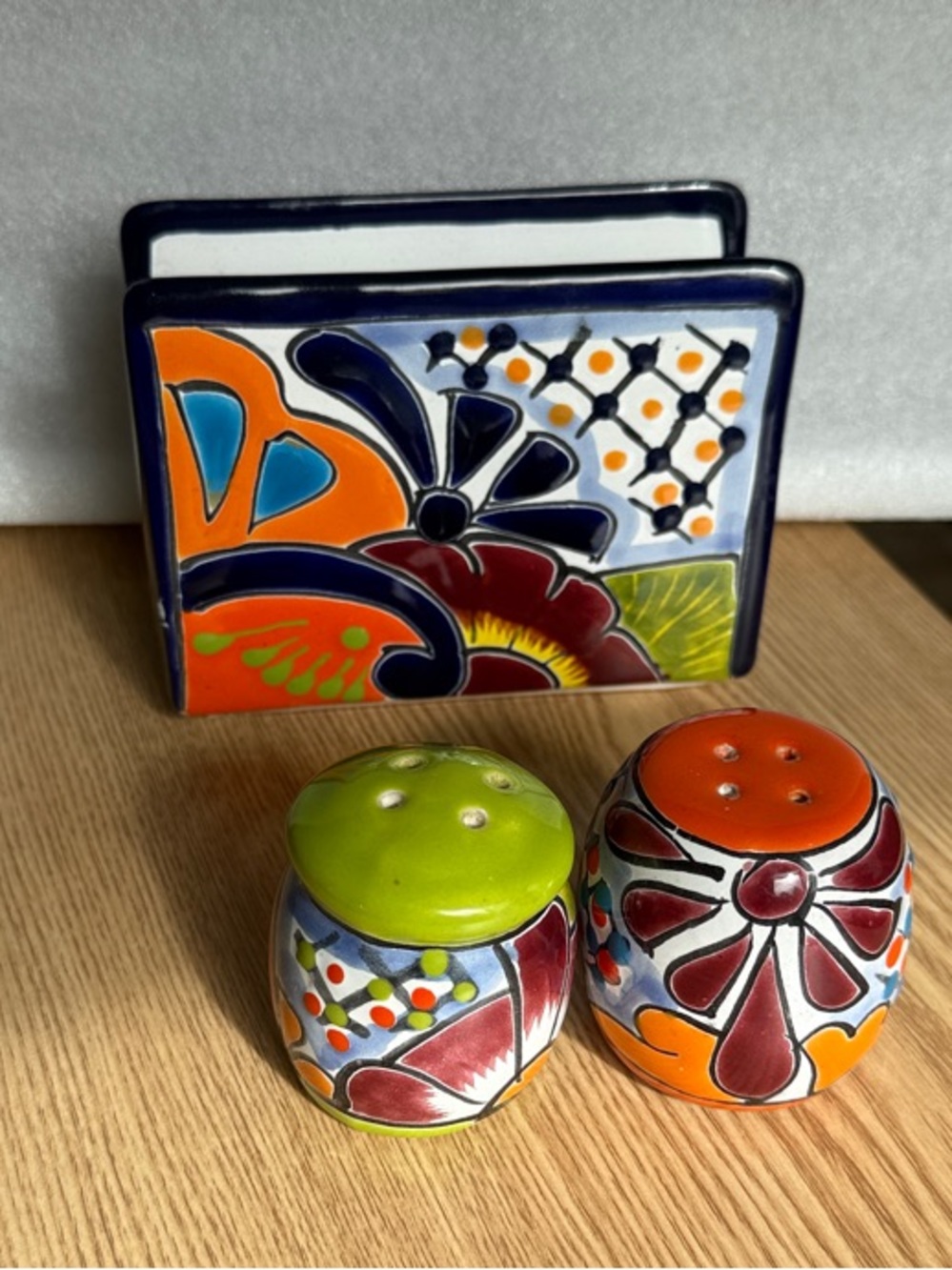 Talavera Style Ceramic Salt & Pepper Shakers with Napkin Holder